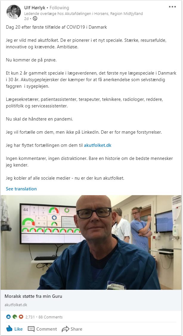 Ulf Hørlyk ledende overlæge hos akutafdelingen i Horsens - LinkedInopslag under Coronakrisen
